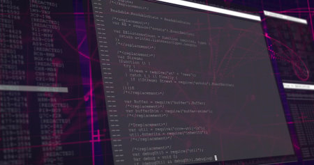 Showing code editor running JavaScript code on workstation with terminal and neon pink network grid. Technology, cybersecurity, futuristic, digital, data, interface, interface designの写真素材