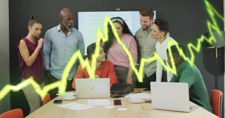 Analyzing seven professionals reviewing report slide in meeting room with laptops, neon trend line. Collaboration, teamwork, business, modern, digital, analytics, corporateの写真素材