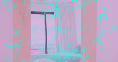 Showcasing bedroom with white bedding and pillows at home, with digital network overlay. Minimalist, contemporary, technology, interior, modern, cozy, sleekの写真素材