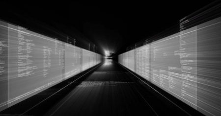 Displaying data tunnel converging on bright center, translucent panels streaming code, light beams. Futuristic, digital, abstract, technological, motion, innovation, cyberの写真素材