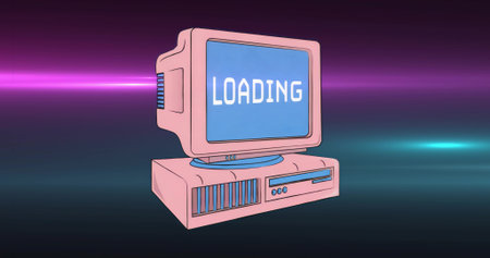Displaying pink CRT monitor and base showing LOADING text in digital gradient, with neon streaks....