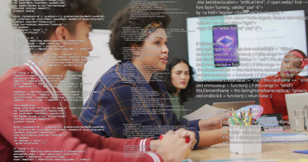 Curly-haired developer leading discussion in conference room with laptops smartphone documents code. Collaboration, teamwork, innovation, professional, modern, brainstorming, digitalの写真素材