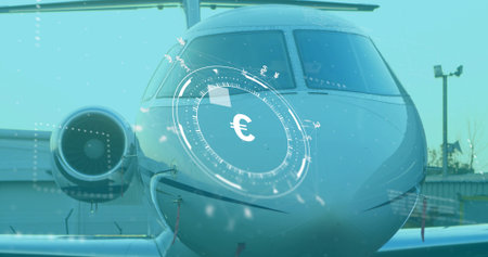 Featuring private jet nose and engine on airport tarmac, with HUD overlay showing euro symbol. Luxury, aviation, technology, commercial, corporate, upscale, modernの写真素材