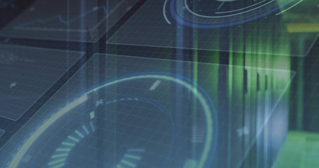 Displaying cubes with grid lines in 3D space, with holographic radial gauges and neon data streams....