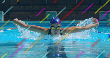 Swimming athlete performing butterfly stroke inside pool, with swimsuit, cap, goggles, overlay bars....