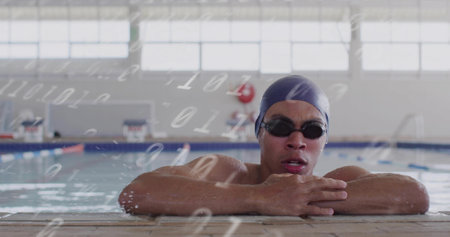 Leaning swimmer looking at floating binary digits across tiled pool deck, with swim cap and goggles. Aquatic, fitness, minimalist, performance, sport, modern, technologyの写真素材