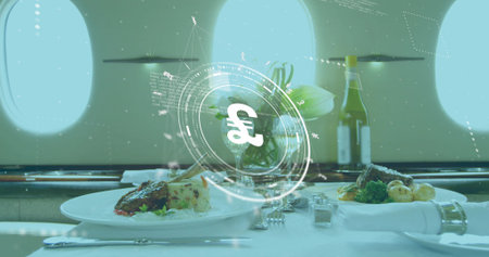 Projecting hologram featuring pound symbol over private jet table, with gourmet plates. Luxury,...