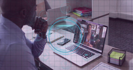 Leaning man focusing on laptop during virtual meeting in office, with digital icons, copy space....