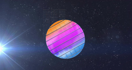 Floating sphere displaying gradient stripes in space with star field, lens flare and binary code. Abstract, cosmic, futuristic, digital art, vibrant, innovation, sci-fiの写真素材