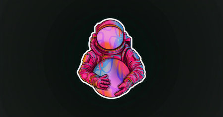 Holding multicolored planet sphere, gradient space suit astronaut floating in dark void with hoses. Surreal, futuristic, exploration, adventure, innovation, technology, curiosityの写真素材