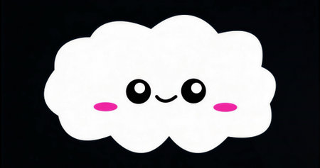 Floating white cloud displaying kawaii face against black backdrop with round eyes and pink cheeks. Whimsical, playful, minimalist, mascot, character design, digital art, entertainmentの写真素材