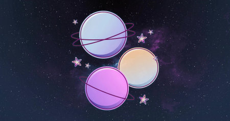 Floating three stylized pastel planets with rings in dark starry cosmic space, with pastel stars....