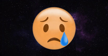Floating sad emoji face showing furrowed eyebrows and blue tear in deep space, purple nebula. Emotional, expression, melancholy, solitude, digitalart, cosmic, universeの写真素材