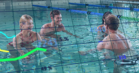 Chatting friends exchanging smiles in fitness pool, with lane dividers and digital graph overlay. Refreshment, socializing, leisure, wellness, aquatic, activity, modernの写真素材