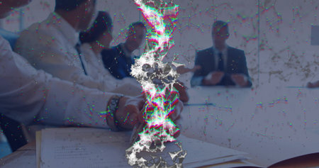 Five professionals wearing business attire reviewing binders in conference room, with glitch effect. Collaboration, teamwork, innovation, digital disruption, modern, corporate, brainstormingの写真素材
