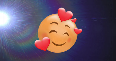 Smiling yellow emoji face glowing in purple-blue gradient, with floating red hearts and lens flare. Vibrant, cheerful, digital art, emotive, decorative, romantic, abstractの写真素材