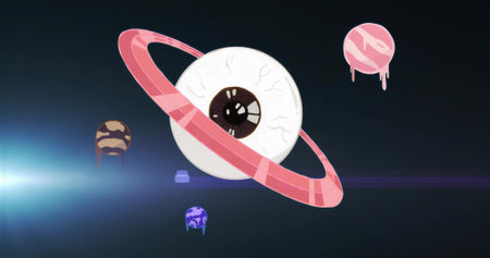 Hovering white eyeball with pink ring in deep space, three dripping spheres and bluish lens flare. Surreal, futuristic, cosmic, abstract, vibrant, mystical, celestialの写真素材