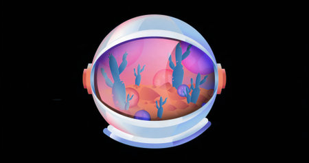 Showing astronaut helmet visor revealing orange dunes on black void, with blue cacti and spheres....