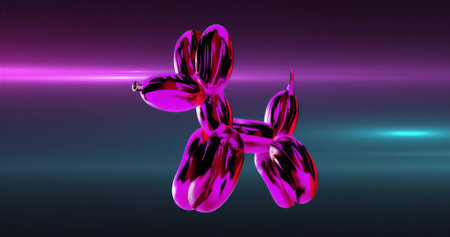 Floating metallic hot pink balloon dog sculpture glowing with neon streaks in studio, dark backdrop. Futuristic, abstract, reflective, vibrant, modern, art, installationの写真素材