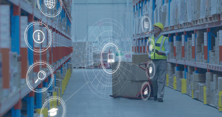 Worker wearing vest reviewing inventory on tablet by pallet jack in warehouse, AR icons, copy space....