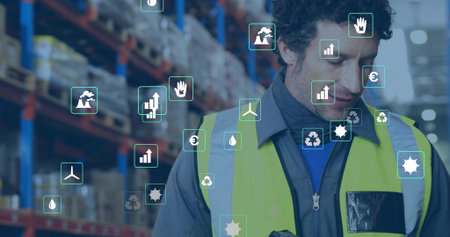 Operator wearing safety vest scanning icons with scanner in warehouse shelving aisle, copy space....