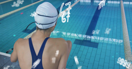 Swimmer in navy swimsuit bracing arms at covered poolside, swim cap, metrics overlay, copy space....