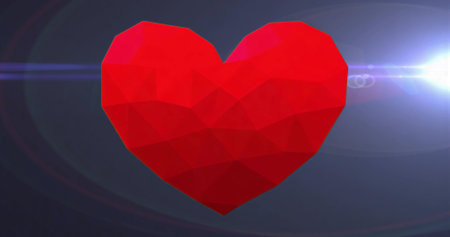 Floating red low-poly heart hovering in dark blue-gray gradient, showing white lens flares, streaks. Abstract, geometric, digital art, modern, futuristic, vibrant, minimalistの写真素材