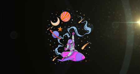 Riding astronaut wearing spacesuit traversing deep space with cartoon rocket and stylized planets. Space exploration, futuristic, cosmic, adventure, sci-fi, spectacular, celestialの写真素材