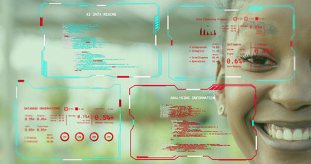 Smiling data professional viewing holographic interface panels in park, copy space. Futuristic, technology, analytics, innovation, outdoors, digital, visualizationの写真素材
