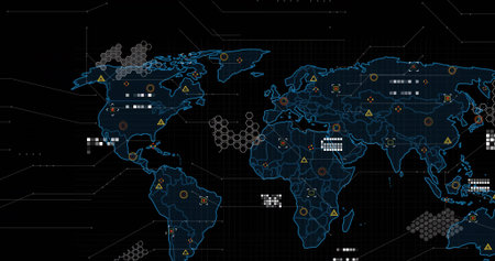 Displaying world map showing neon-blue grid on dashboard, with warning triangles and pixel clusters....