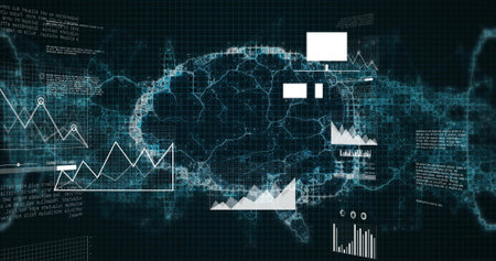 Displaying glowing neural brain in virtual interface with grid overlay, line graphs and bar charts....