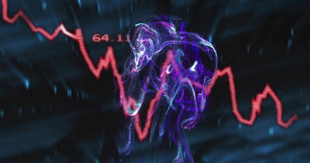 Glowing purple skull floating in data void, showing red graph at 64.11 with particles, digital rain....