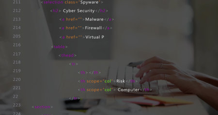 Hands typing cybersecurity HTML code on laptop at office desk showing notebook, pen, smartphone....