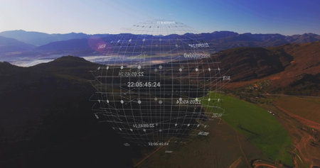 Displaying holographic grid floating over farmland from drone view, with timestamp and data nodes. Geography, technology, innovation, data visualization, futuristic, landscape, digitalの写真素材
