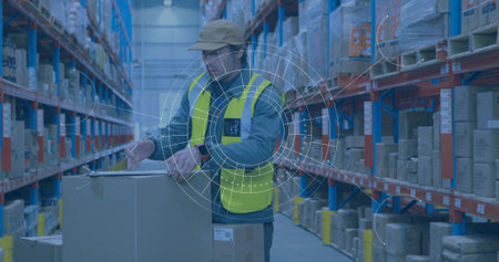 Recording inventory worker wearing safety vest holding clipboard and pen in warehouse, with boxes....