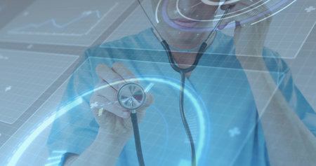 Clinician lifting stethoscope in clinical AR scene, with holographic panels and grid overlays. Medical, technology, innovation, futuristic, diagnosis, telemedicine, interfaceの写真素材