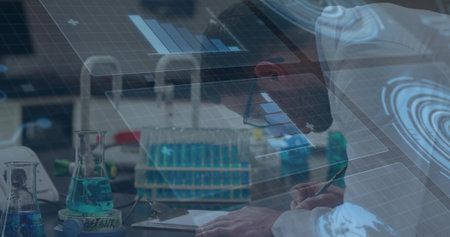 Leaning scientist recording data in modern lab, with holographic display and blue flask, copy space....