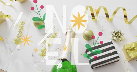 Noel text image over Christmas decorations with champagne and gifts. holiday, celebration, party, festive, New Year, winterの写真素材