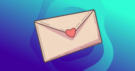 Featuring beige envelope with red heart-shaped seal on abstract digital canvas, with gradient waves. Romantic, love, communication, symbolism, minimalism, digital art, soft huesの写真素材