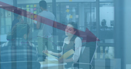 Gesturing woman holding yellow folder discussing red arrow graph in office, with sticky notes....