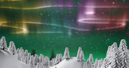 Image of snow falling over norhern lights and winter landscape. Winter, seasons, weather and background concept digitally generated image.の写真素材
