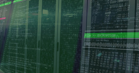 Displaying encryption interface window at server aisle, with cabinets and code overlay, copy space....