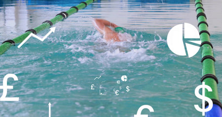 Swimmer wearing green cap, briefs doing front crawl in pool lane, with green dividers, data icons. Athleticism, competitive, aquatic, motion, data visualization, performance, fitnessの写真素材
