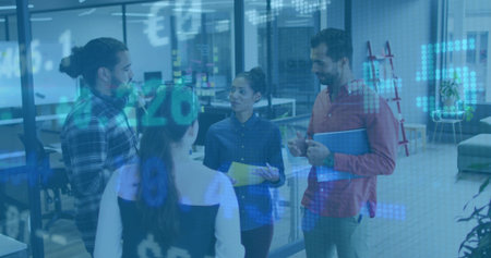 Project team analyzing financial data overlays on glass partition in office, with colored folders. Collaboration, teamwork, analytics, innovation, digital, professional, workspaceの写真素材