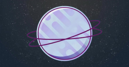 Floating pastel-colored planet showcasing geometric patterns in space, intertwined purple rings. Fantasy, science fiction, cosmic, celestial, futuristic, abstract, minimalisticの写真素材
