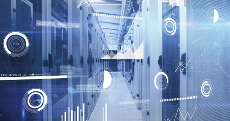 Displaying high-tech data center rack corridor glowing with LED lights, showing holographic metrics....