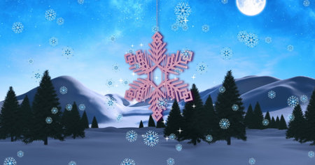 Image of snow falling over winter scenery. Christmas, celebration and digital interface concept digitally generated image.の写真素材