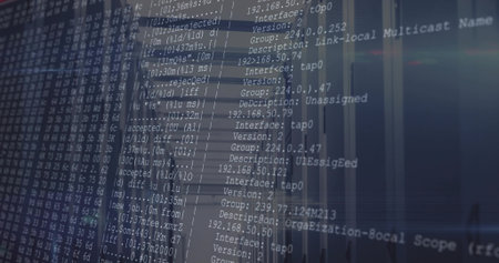Displaying monitor showing terminal log in server room, with network commands and reflections. Technology, cybersecurity, data, digital, server, infrastructure, abstractの写真素材