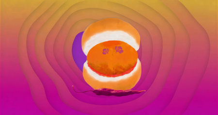 Floating orange sandwich hovering over abstract backdrop with purple curve and chili silhouette. Abstract, surreal, vibrant, geometric, modern, playful, designの写真素材