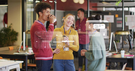 Sipping coffee, three coworkers discussing project in open-plan office, with floating UI elements. Collaboration, teamwork, modern, professional, communication, workplace, startupの写真素材